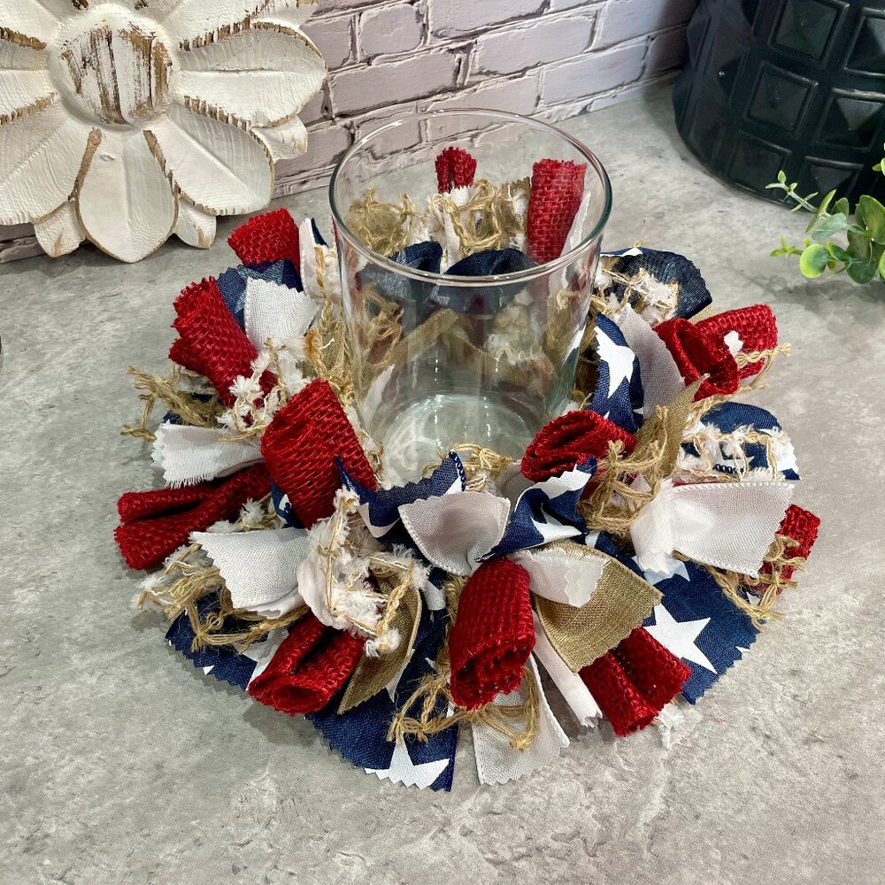 4th of July Decor, Patriotic Rag Candle Ring, Red White and Blue Rag Candle Ring